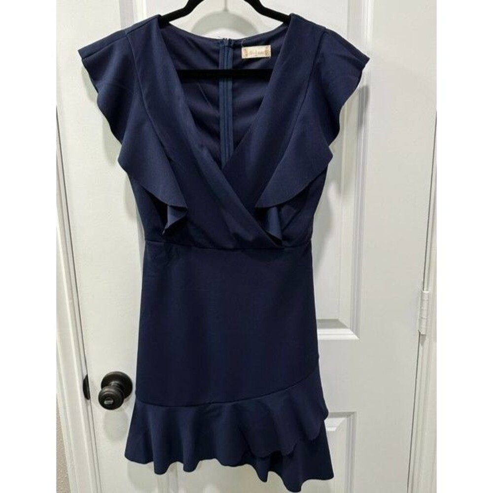 Altar'd State Navy Blue Faux Wrap Ruffle Dress Womens Med Cap Sleeve Party
